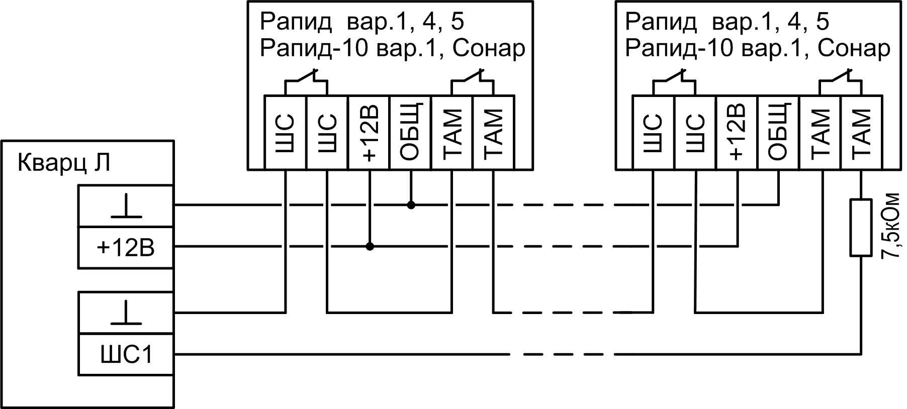 Схема подключения охранных извещателей Рапид вар.1,4,5, Сонар к прибору Кварц Л Объектовый прибор системы Лавина Кварц Л с трансивером и брелоком. Изображение 1